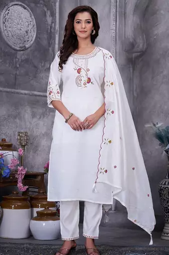 White Color Embroidery Thread With Hand Work Roman Silk Kurta pant Set