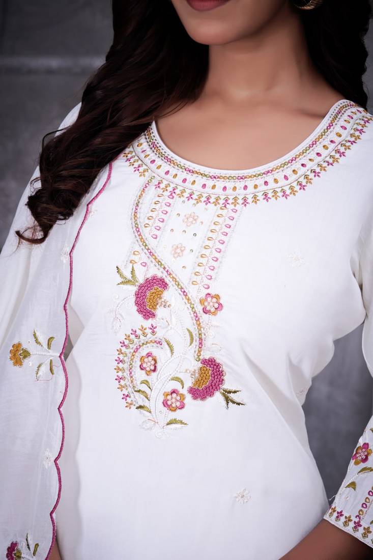 White Color Embroidery Thread With Hand Work Roman Silk Kurta pant Set
