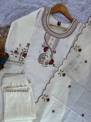 White Color Embroidery Thread With Hand Work Roman Silk Kurta Pent Seta   4