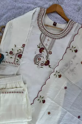 White Color Embroidery Thread With Hand Work Roman Silk Kurta Pent Seta  