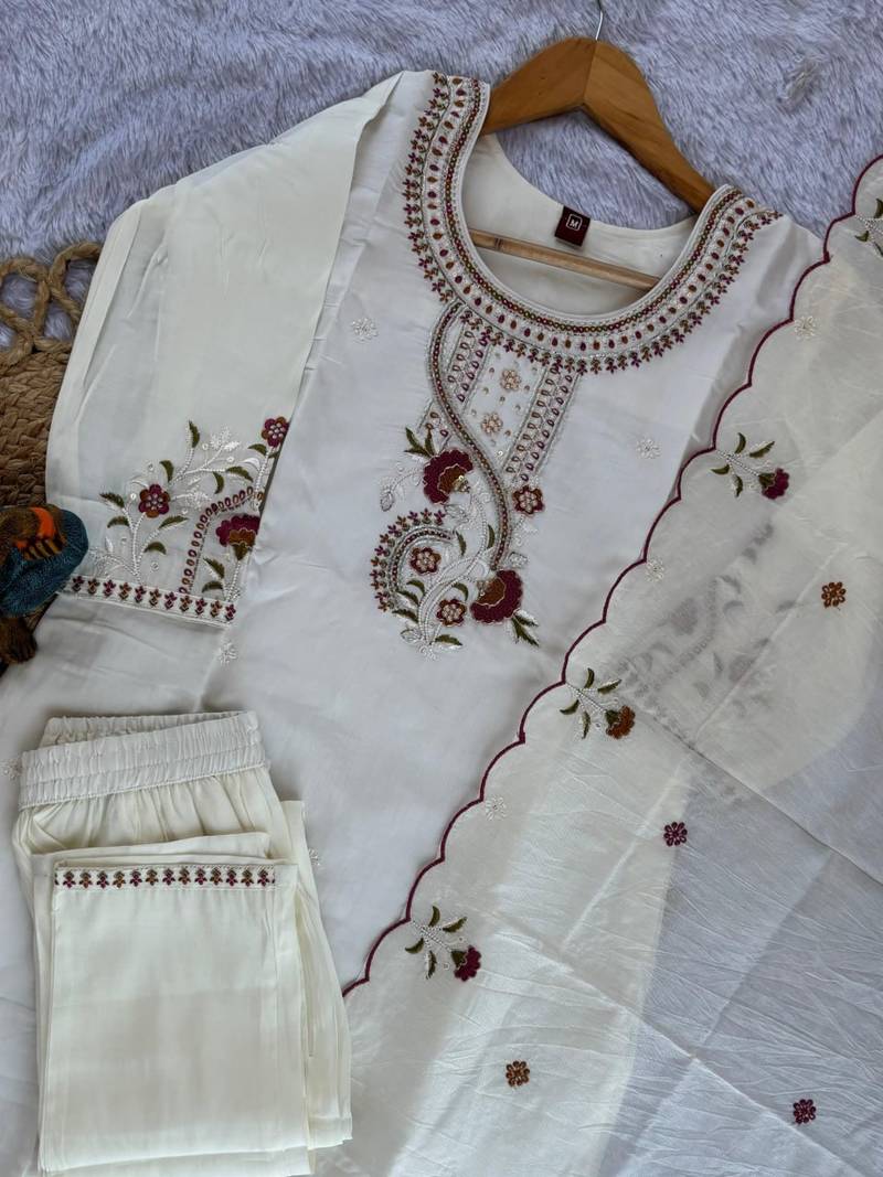 White Color Embroidery Thread With Hand Work Roman Silk Kurta pant Set