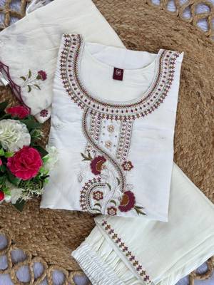 White Color Embroidery Thread With Hand Work Roman Silk Kurta Pent Seta   5
