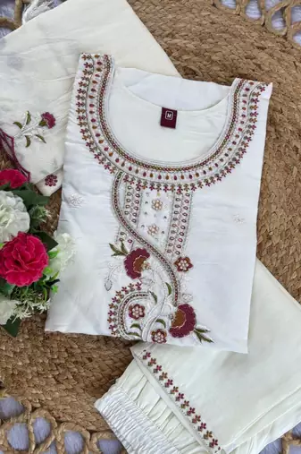 White Color Embroidery Thread With Hand Work Roman Silk Kurta Pent Seta  