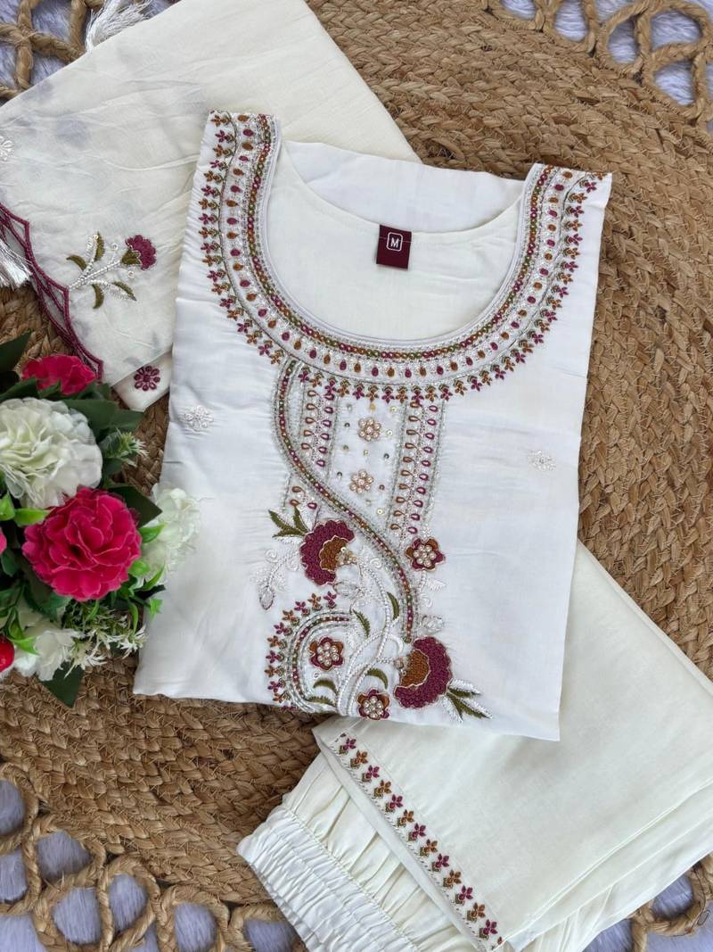 White Color Embroidery Thread With Hand Work Roman Silk Kurta pant Set