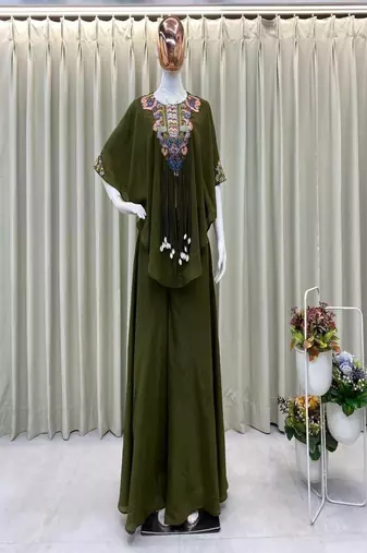 green embroidered kaftan set