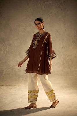 chocolate brown flared kurta with gold palazzo 2