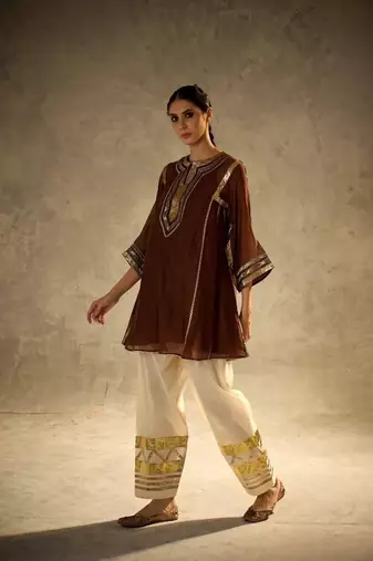 chocolate brown flared kurta with gold palazzo