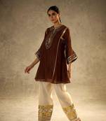 chocolate brown flared kurta with gold palazzo