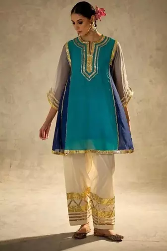 aqua blue flared kurta with gold palazzo
