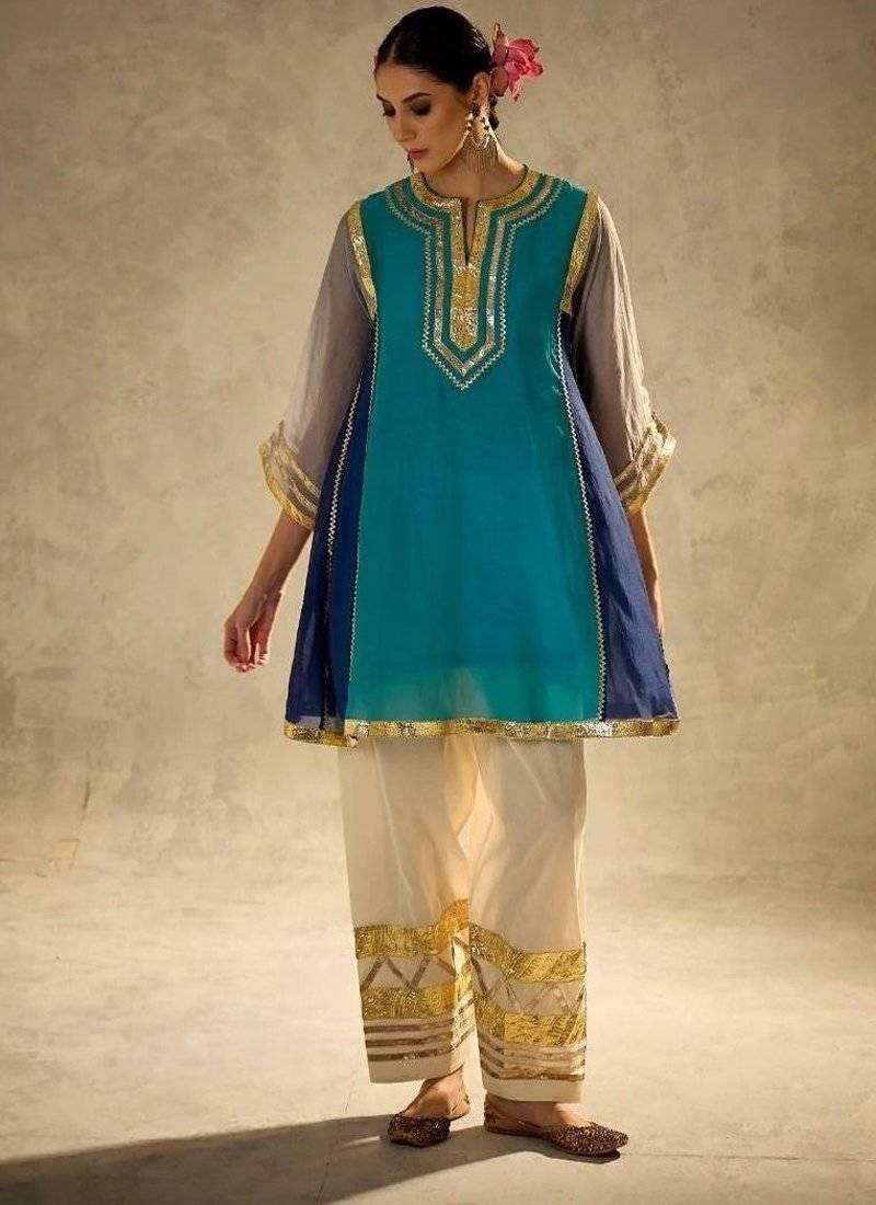 aqua blue flared kurta with gold palazzo