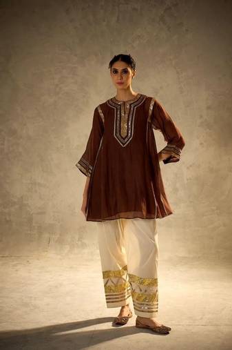 chocolate brown flared kurta with gold palazzo