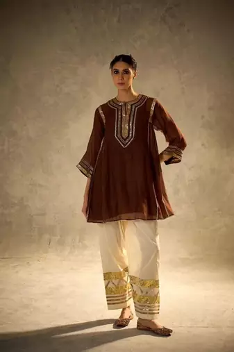 chocolate brown flared kurta with gold palazzo