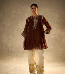 chocolate brown flared kurta with gold palazzo