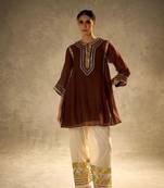 chocolate brown flared kurta with gold palazzo