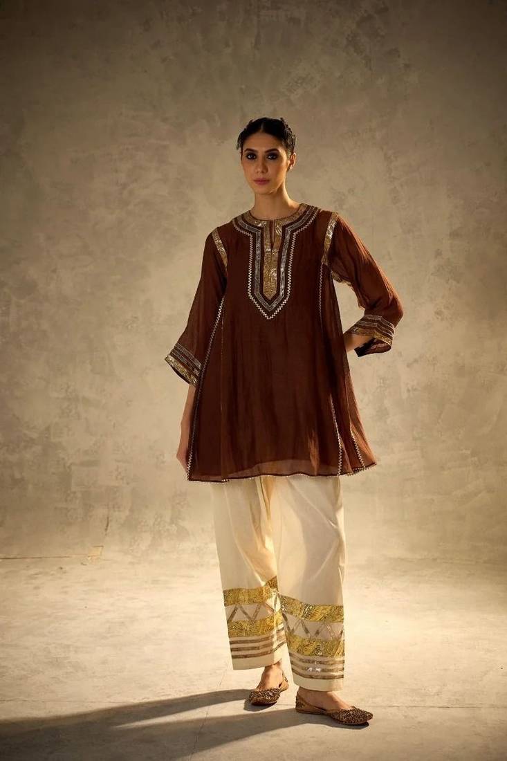chocolate brown flared kurta with gold palazzo