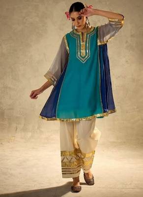 aqua blue flared kurta with gold palazzo 2