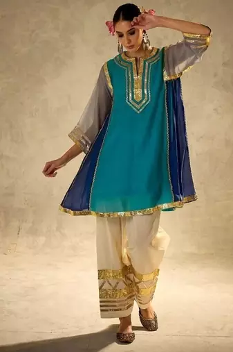 aqua blue flared kurta with gold palazzo