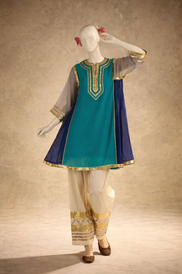 aqua blue flared kurta with gold palazzo