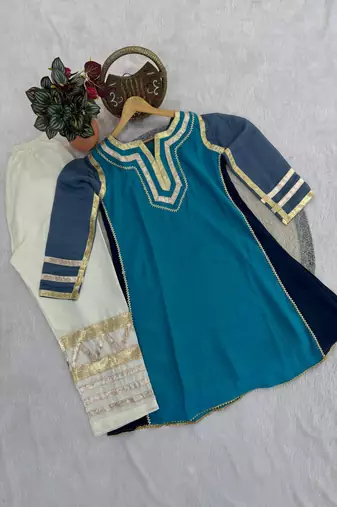 aqua blue flared kurta with gold palazzo