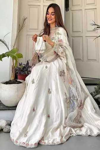 ivory anarkali with organza dupatta