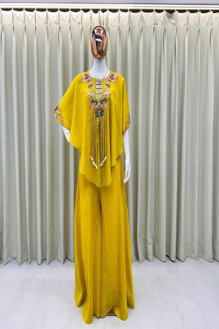 mustard embroidered kaftan set