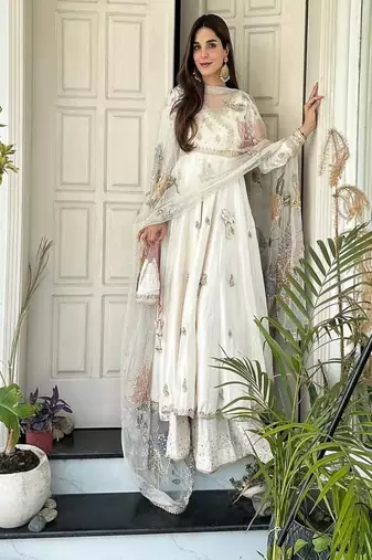 ivory anarkali with organza dupatta