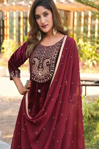 maroon velvet embroidered suit with dupatta