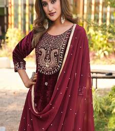 maroon velvet embroidered suit with dupatta