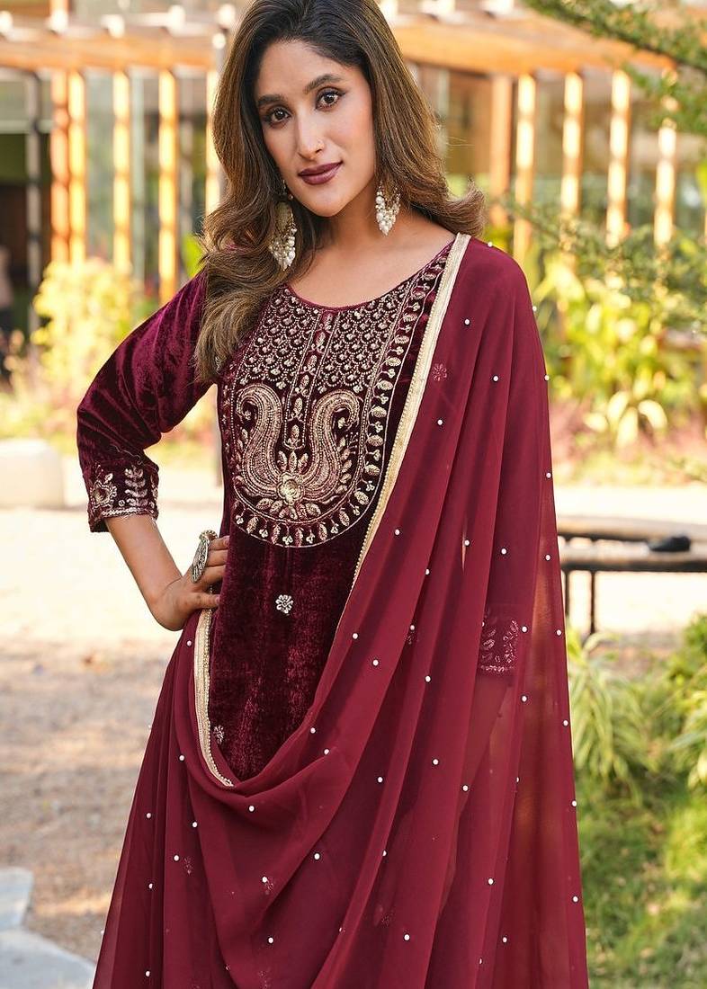 maroon velvet embroidered suit with dupatta