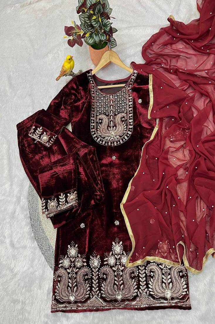 maroon velvet embroidered suit with dupatta