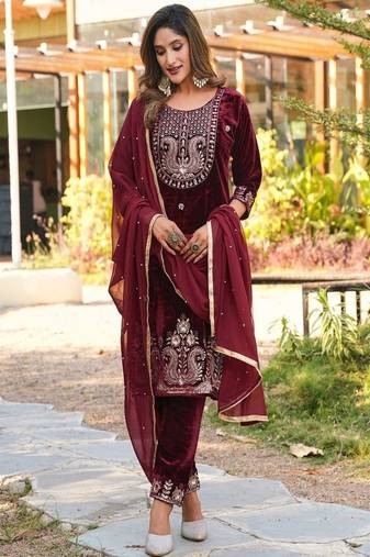maroon velvet embroidered suit with dupatta