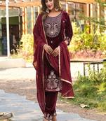 maroon velvet embroidered suit with dupatta