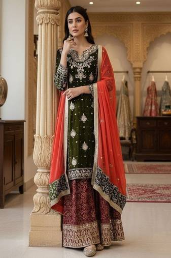 olive green & red designer sharara set