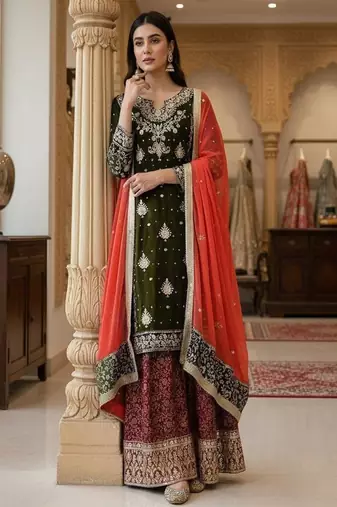 olive green & red designer sharara set