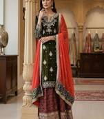 olive green & red designer sharara set