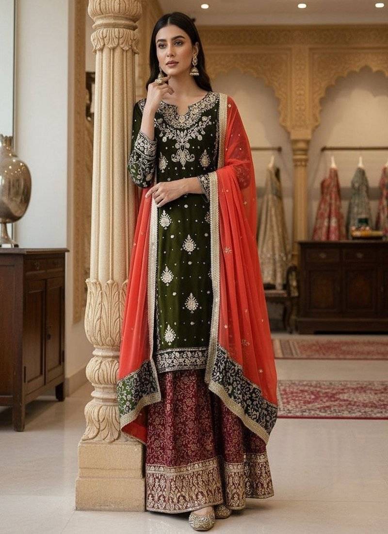 olive green & red designer sharara set