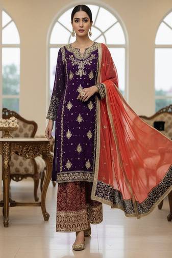 royal purple & red embroidered sharara set