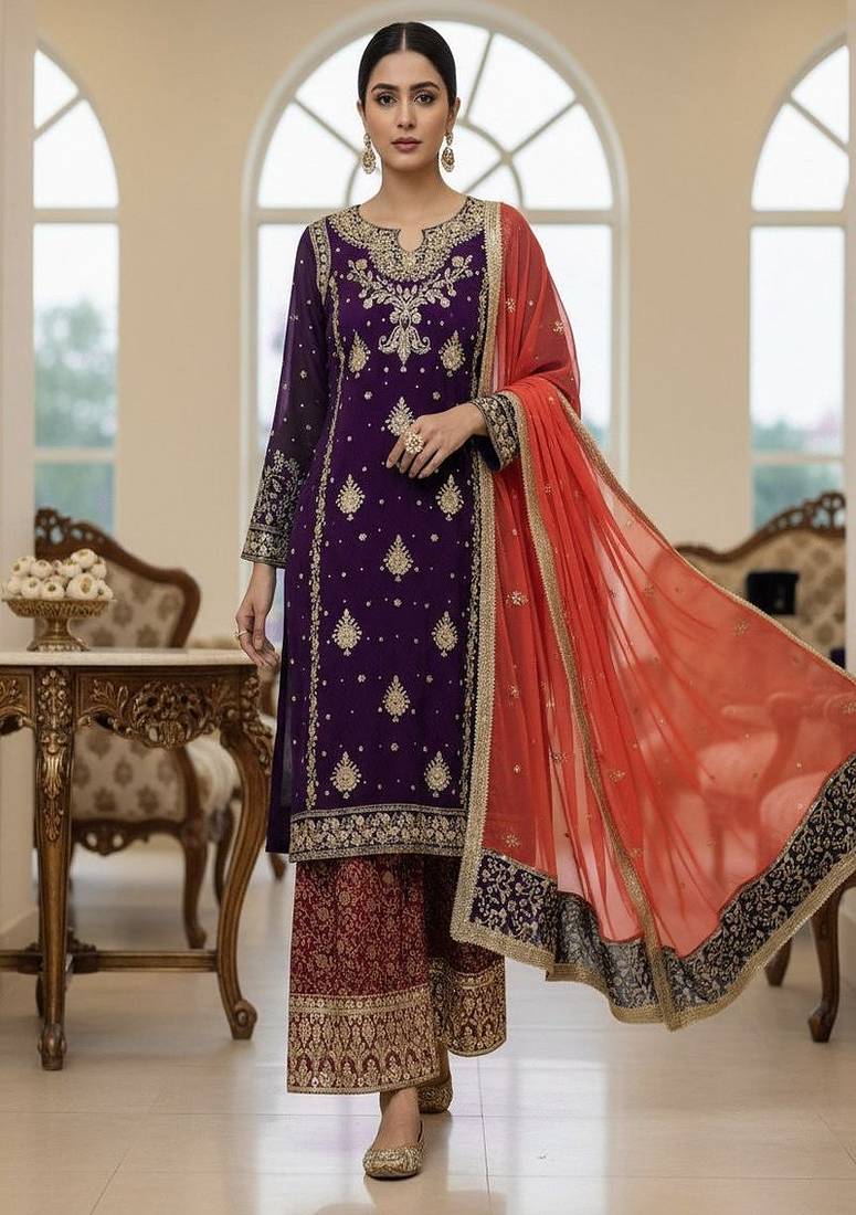 royal purple & red embroidered sharara set