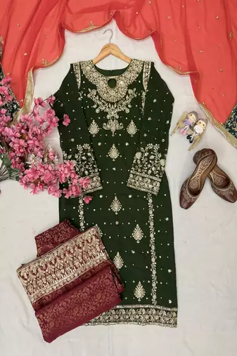 olive green & red designer sharara set
