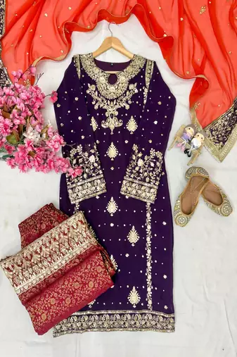 royal purple & red embroidered sharara set
