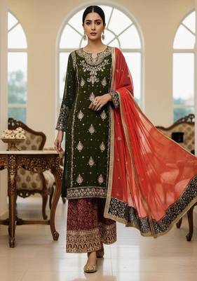olive green & red designer sharara set 3
