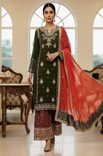 olive green & red designer sharara set