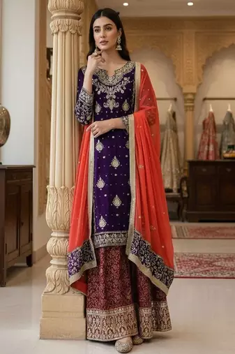 royal purple & red embroidered sharara set