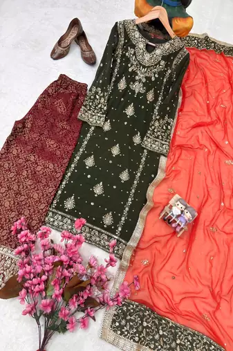 olive green & red designer sharara set