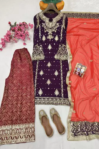 royal purple & red embroidered sharara set