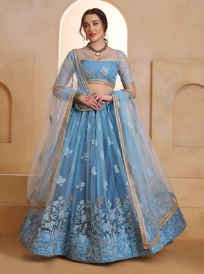 Mint Blue net sequin embroidered lehenga set with choli and dupatta 1