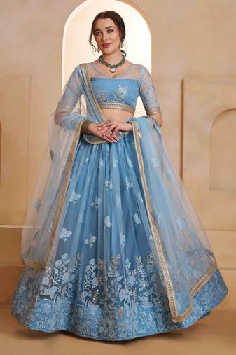 Mint Blue net sequin embroidered lehenga set with choli and dupatta