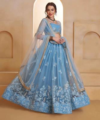 Mint Blue net sequin embroidered lehenga set with choli and dupatta 2