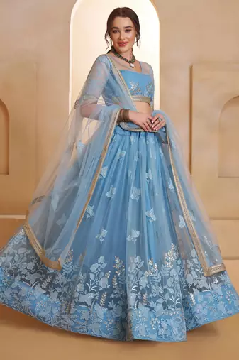 Mint Blue net sequin embroidered lehenga set with choli and dupatta