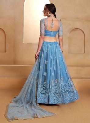 Mint Blue net sequin embroidered lehenga set with choli and dupatta 3